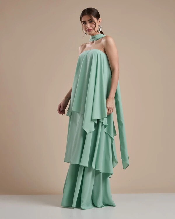 Vestido de Festa Longo Chiffon Crepe em Camadas com Lenço Verde Menta