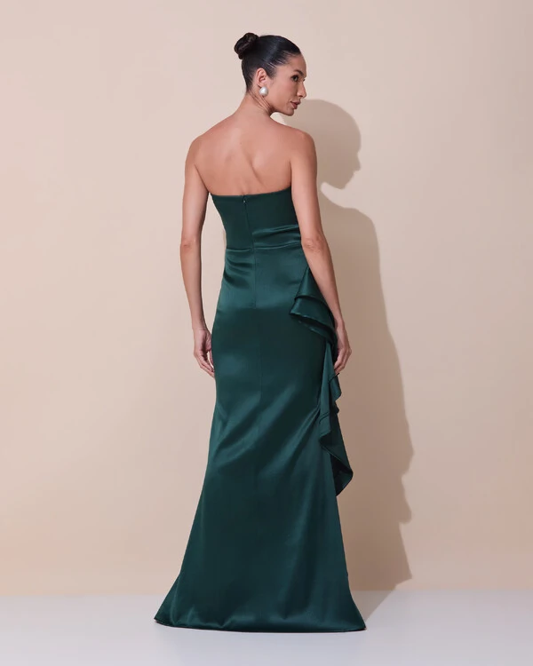 Vestido de Festa Longo Tomara que Caia Cetim Babado Fenda Verde Escuro