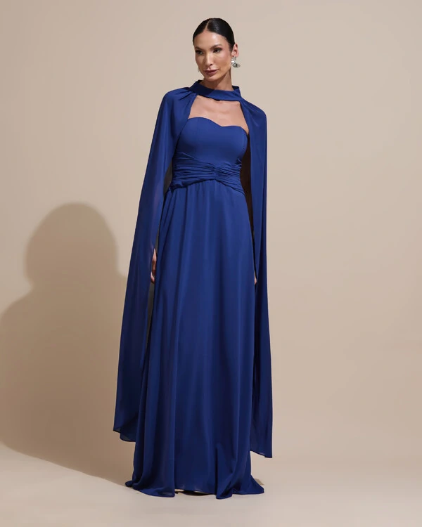 Vestido de Festa Longo Tomara Que Caia Crepe Chiffon Drapeado Capa Azul Marinho