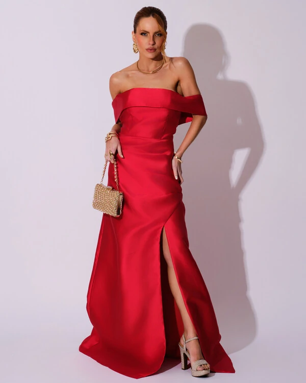 Vestido de Festa Longo Zibeline Ombro a Ombro Drapeado e Fenda Vermelho