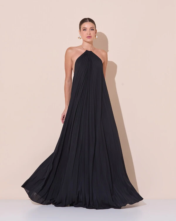 Vestido de Festa Longo Frente Única Plissado Crepe Chiffon Argola Preto