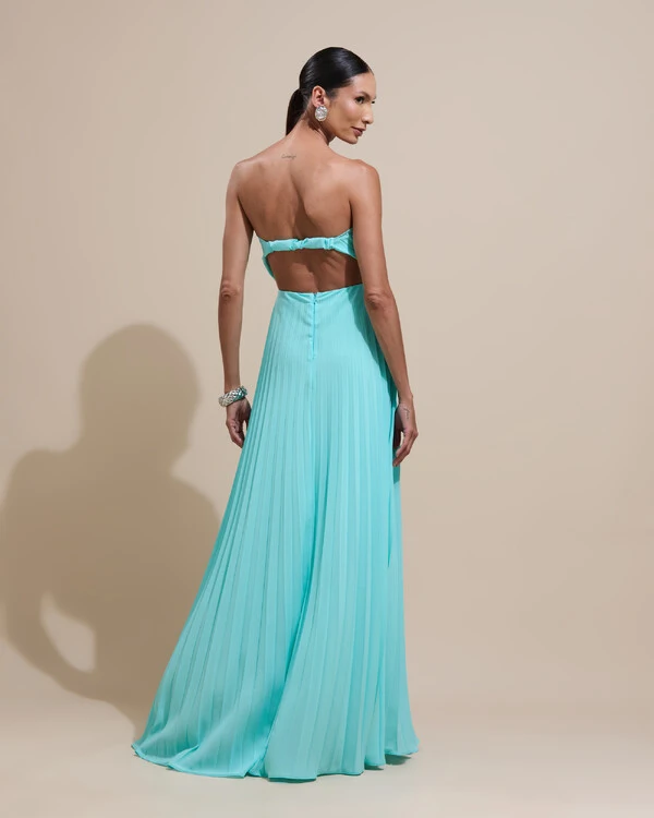 Vestido de Festa Longo Tomara que Caia Plissado Detalhe Tiffany