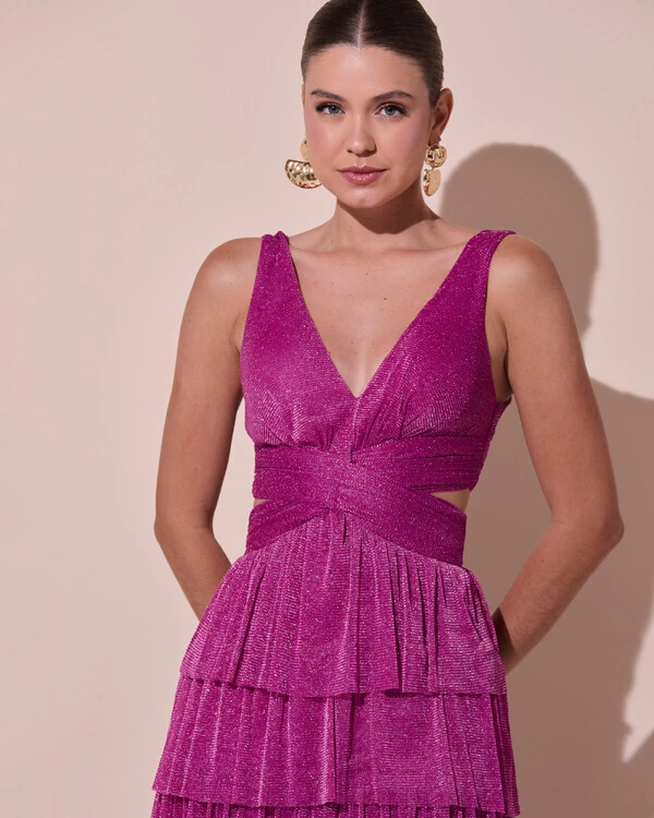 Vestido De Festa Longo Decote V Tule Brilho Recortes Camadas Fúcsia
