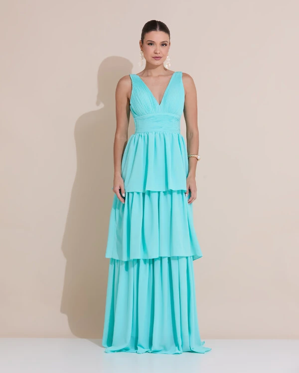 Vestido de Festa Longo Decote V Crepe Chiffon Plissado Camadas Babado Tiffany