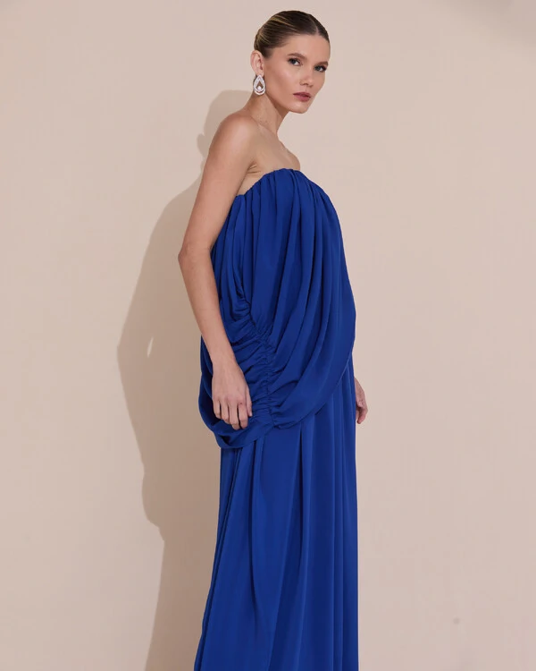 Vestido de Festa Longo Tomara Que Caia Crepe Chiffon Drapeado Azul Royal