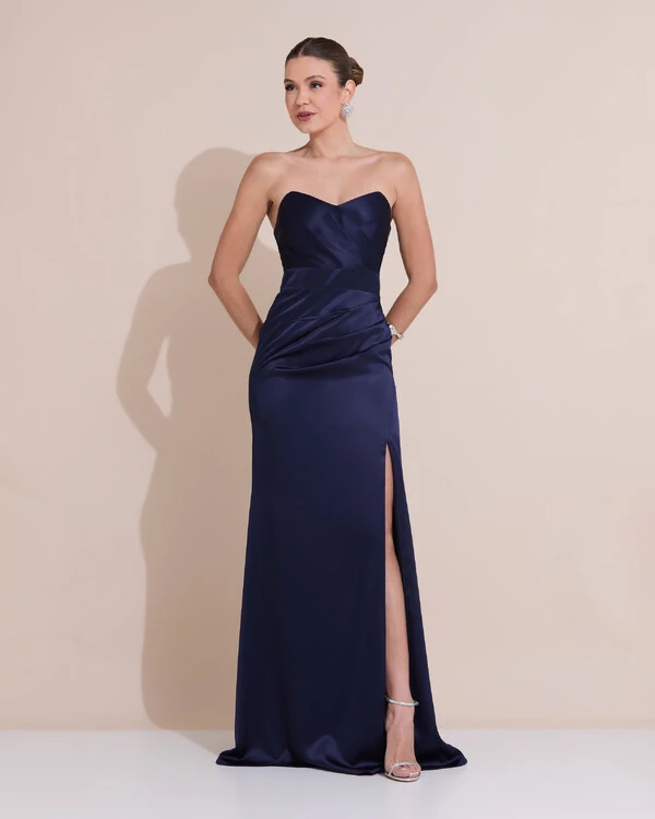Vestido de Festa Longo Cetim Alfaiataria Tomara que Caia Fenda Azul Marinho