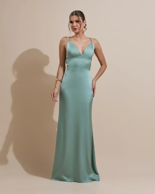 Vestido de Festa Longo Costas Abertas Laço Cetim Decote V Verde Menta