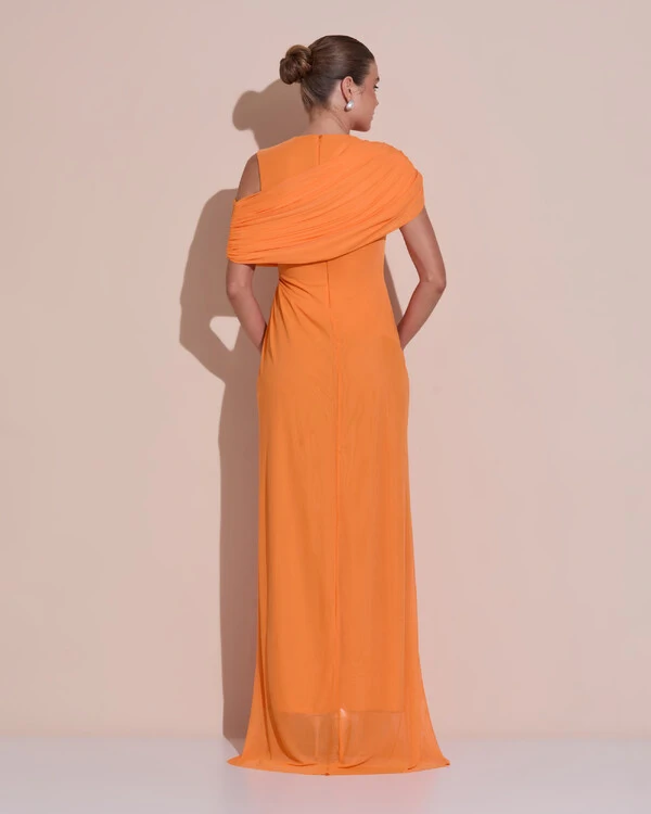 Vestido de Festa Longo Capa Drapeado Tule Saia Fluida Laranja New