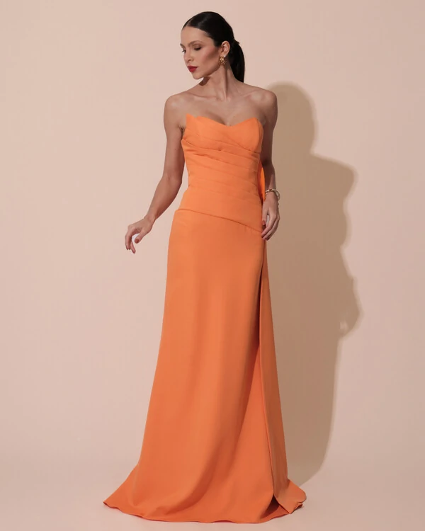 Vestido de Festa Longo Alfaiataria Tomara que Caia Drapeado Faixa Laranja