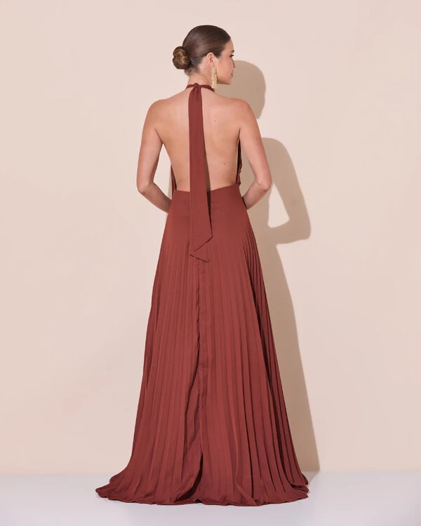 Vestidos de Festa Longo Chiffon Fluido Frente Única Plissado Duplo Marrom New