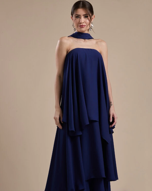 Vestido de Festa Longo Chiffon Crepe em Camadas com Lenço Azul Marinho