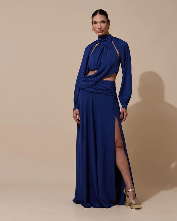 Vestido de Festa Longo Gola Alta Crepe Chiffon Recortes Drapeado Manga Longa Fenda Azul Marinho