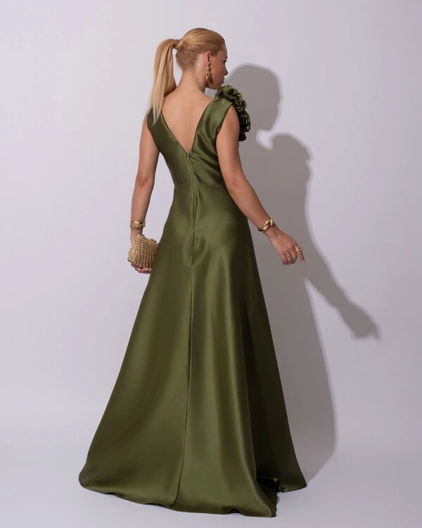 Vestido de Festa longo Zibeline Decote em V com Flores Removivel Verde Oliva