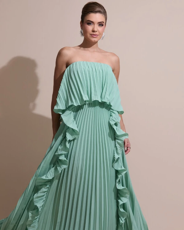 Vestido de Festa Longo Crepe Chiffon Tomara que Caia Plissado com Babado Cascata Verde Menta