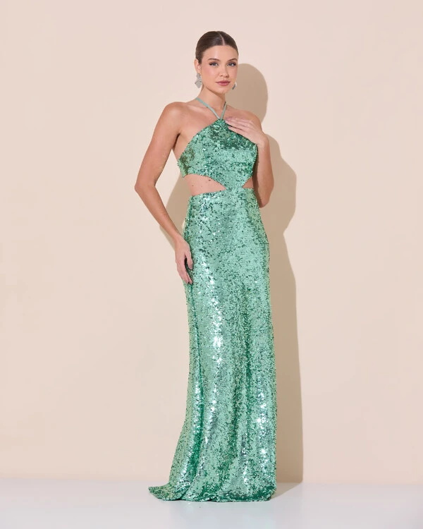 Vestido de Festa Longo Frente Única Paetê Recortes Costas Trançada Verde Menta