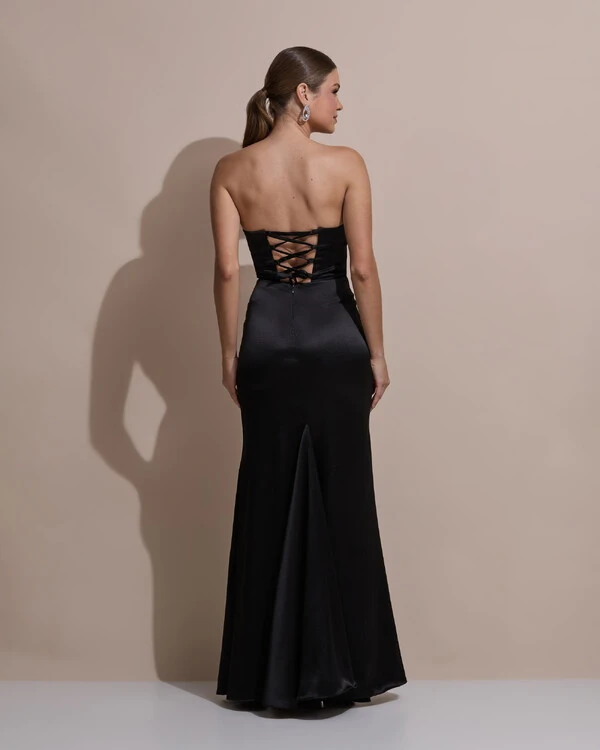 Vestido De Festa Longo Tomara Que Caia Drapeado Cetim Alfaiataria Trançado Costas Preto