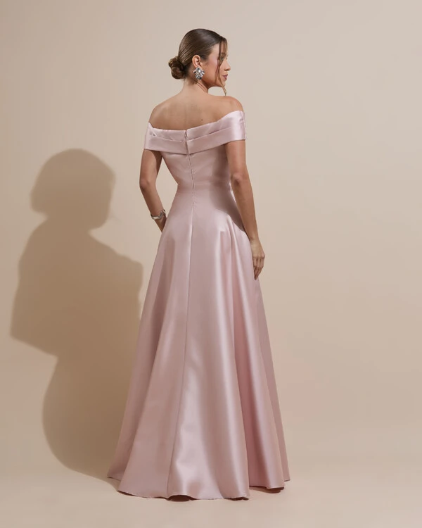 Vestido de Festa Longo Zibeline Ombro a Ombro com Fenda Rosa Nude