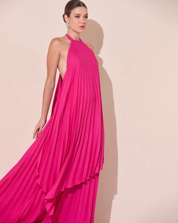 Vestidos de Festa Longo Chiffon Fluido Frente Única Plissado Duplo Pink Escuro