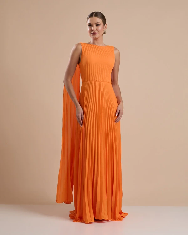 Vestido de Festa Longo Crepe Chiffon Plissado com Lenço nas Alças Laranja