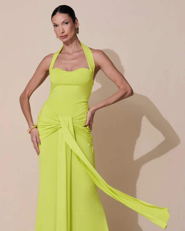 Vestido de Festa Longo Decote Coração Malha Jersey Drapeado Costas Trançada Verde Lima