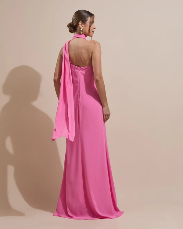 Vestido de Festa Longo Crepe Chiffon Um Ombro Só Drapeado Rosa