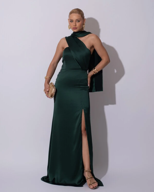 Vestido de Festa Longo Cetim Alfaiataria Tomara que Caia com Faixa Lenço Verde Escuro