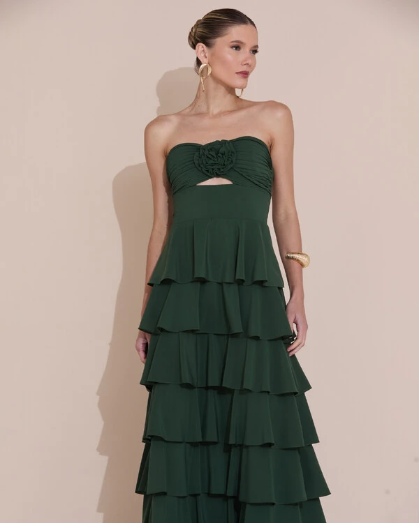 Vestido de Festa Longo Crepe Chiffon Tomara que Caia Plissado Flor Camadas Verde Escuro New