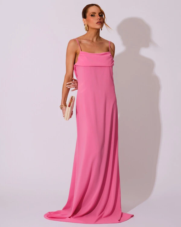Vestido de Festa Longo Crepe Chiffon Costas Lenço Cauda Rosa