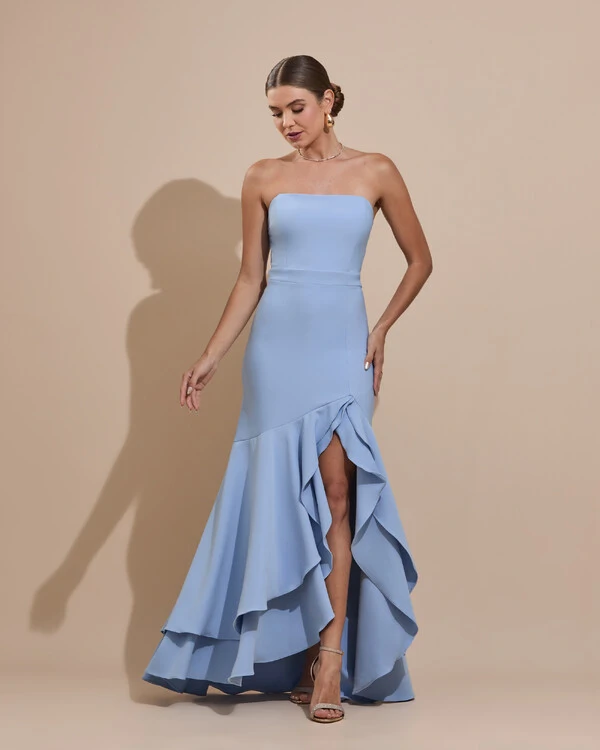 Vestido Longo com Fenda de Babados Alfaiataria Serenity