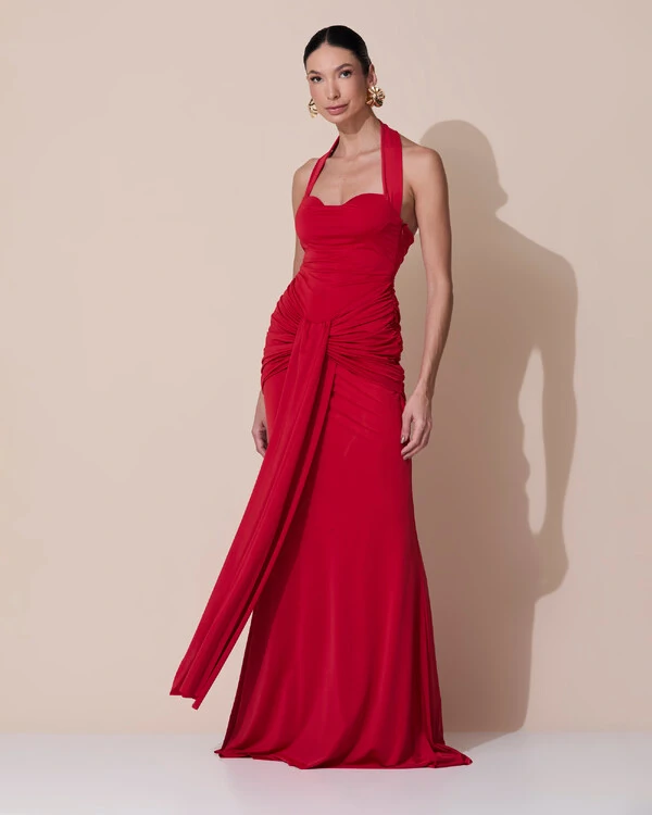 Vestido de Festa Longo Decote Coração Malha Jersey Drapeado Costas Trançada Vermelho