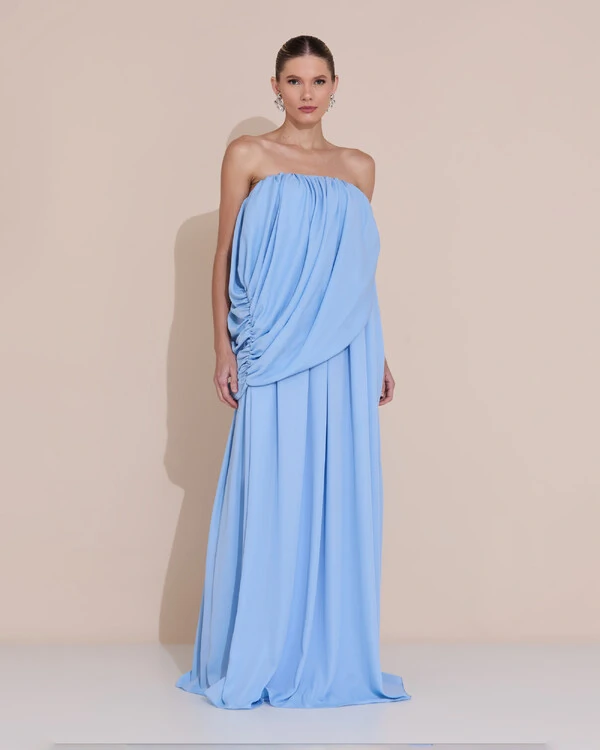 Vestido de Festa Longo Tomara Que Caia Crepe Chiffon Drapeado Serenity