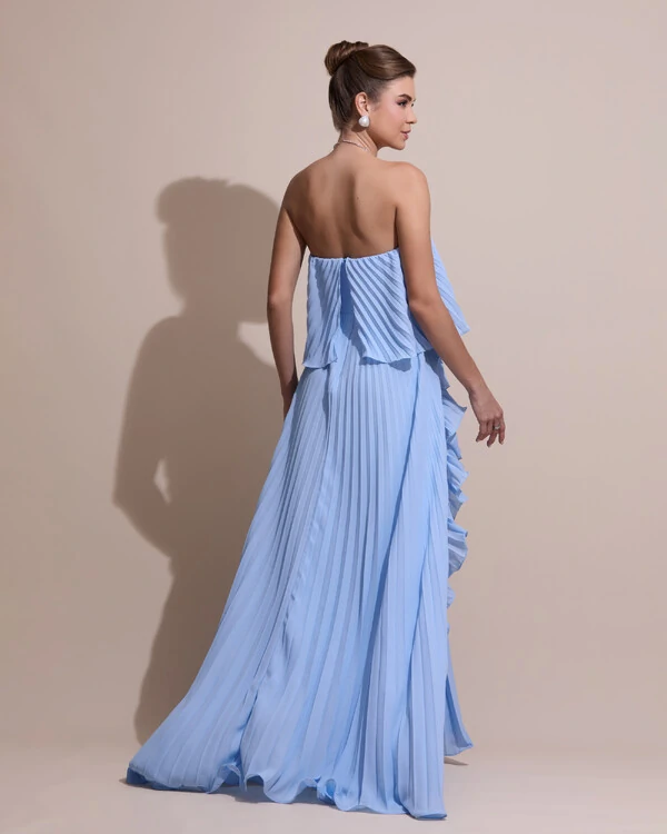 Vestido de Festa Longo Crepe Chiffon Tomara que Caia Plissado com Babado Cascata Serenity
