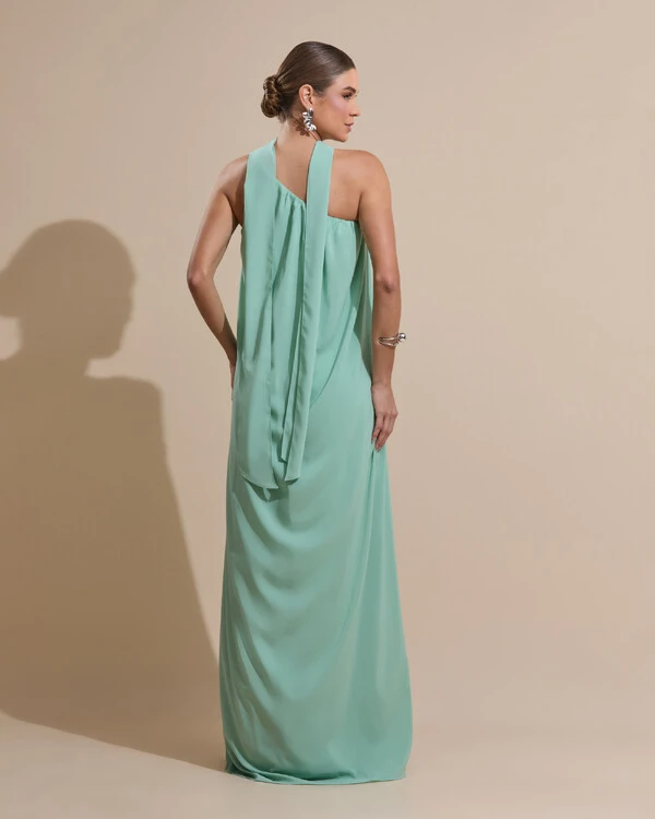 Vestido de Festa Longo Crepe Fluido um Ombro Só com Lenço Verde Menta