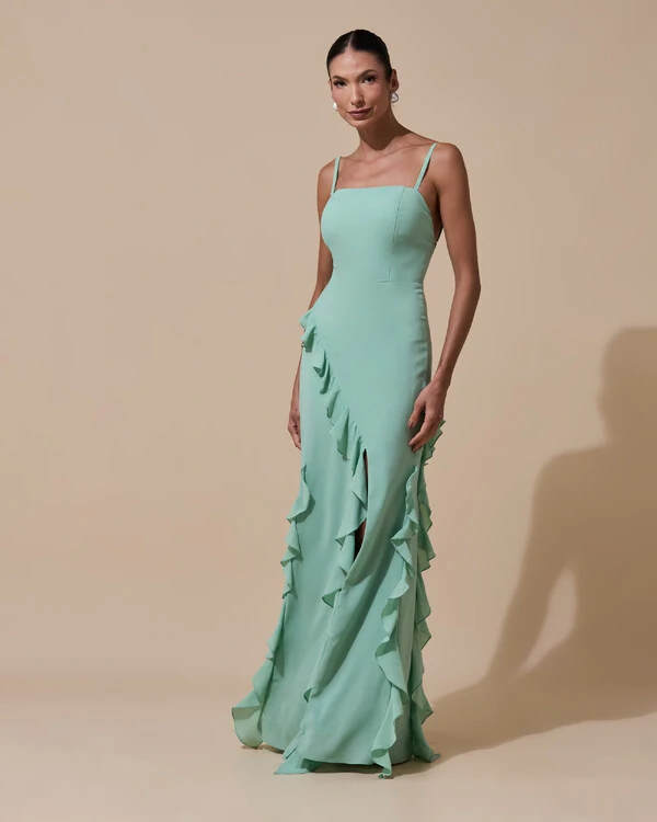 Vestido de Festa Longo Alças Finas Crepe Chiffon Babado Cascata Fenda Costas V Verde Menta