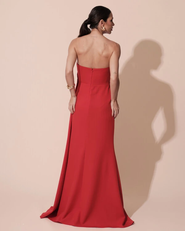 Vestido de Festa Longo Alfaiataria Tomara que Caia Drapeado Faixa Vermelho