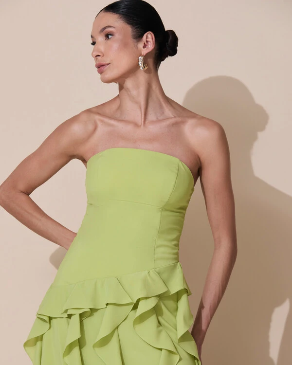 Vestido de festa Longo Tomara que Caia Crepe Chiffon com Babados Cascata e Fenda Verde Claro