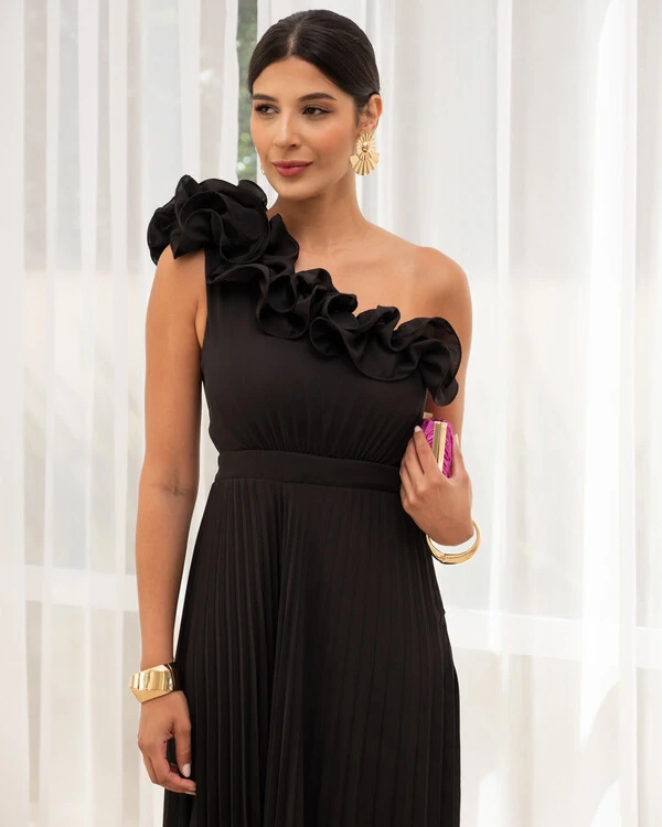 Vestido de Festa um Ombro Só Flor Saia Plissado Preto