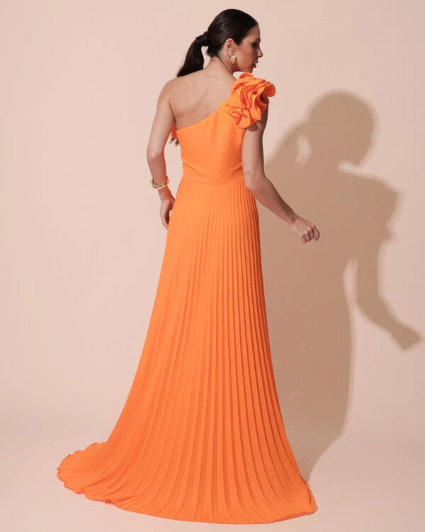 Vestido de Festa um Ombro Só Flor Saia Plissado Laranja