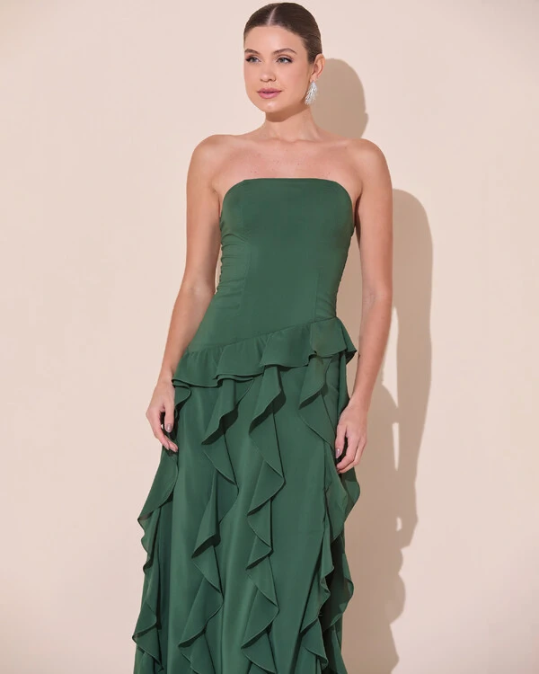 Vestido de festa Longo Tomara que Caia Crepe Chiffon com Babados Cascata e Fenda Verde Escuro New