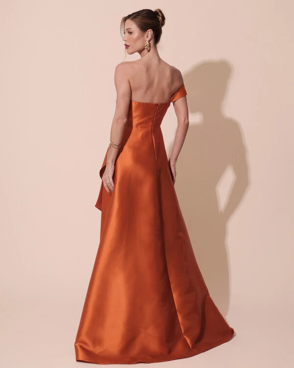 Vestido de Festa Longo Zibeline um Ombro Só Mullet Terracota