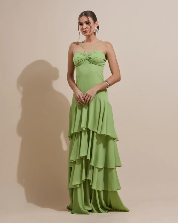 Vestido Longo Crepe com Babado em Camadas Verde Garden