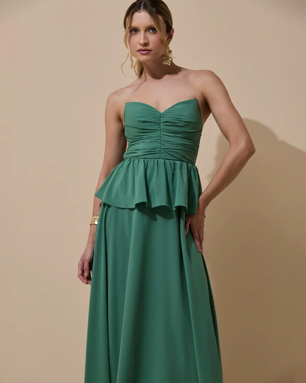 Vestido de Festa Longo Crepe Chiffon Tomara que Caia Peplum Drapeado Verde Matcha Escuro