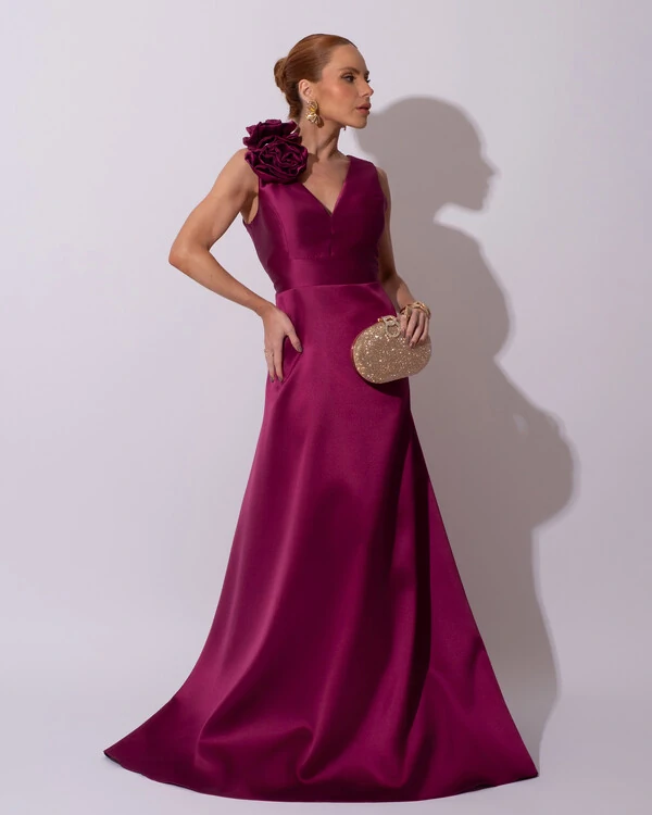 Vestido de Festa longo Zibeline Decote em V com Flores Removivel Fúcsia Beterraba