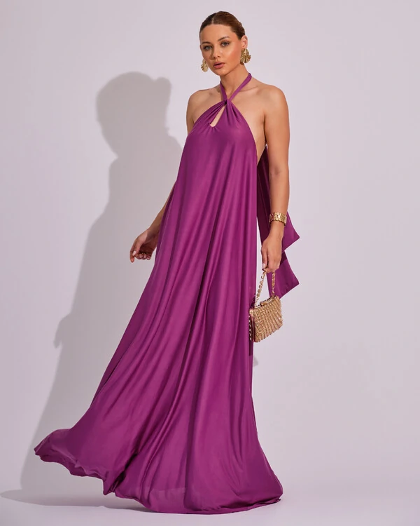 Vestido Longo com Amarração em Malha Fucsia
