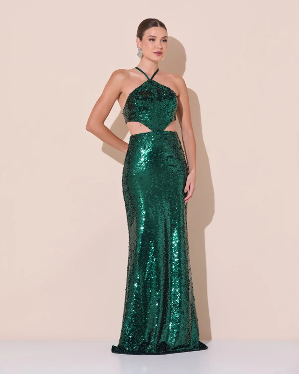 Vestido de Festa Longo Frente Única Paetê Recortes Costas Trançada Verde Escuro