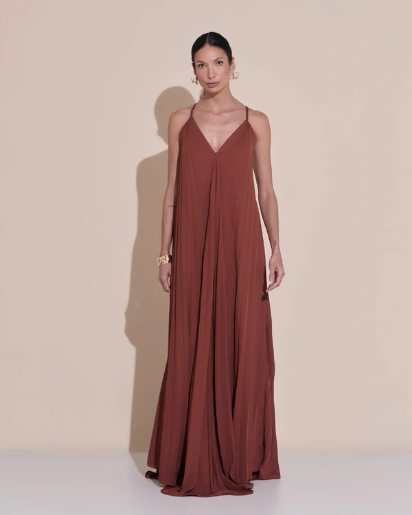 Vestido de Festa Longo Plissado Crepe Chiffon Decote V Alças Finas Marrom New