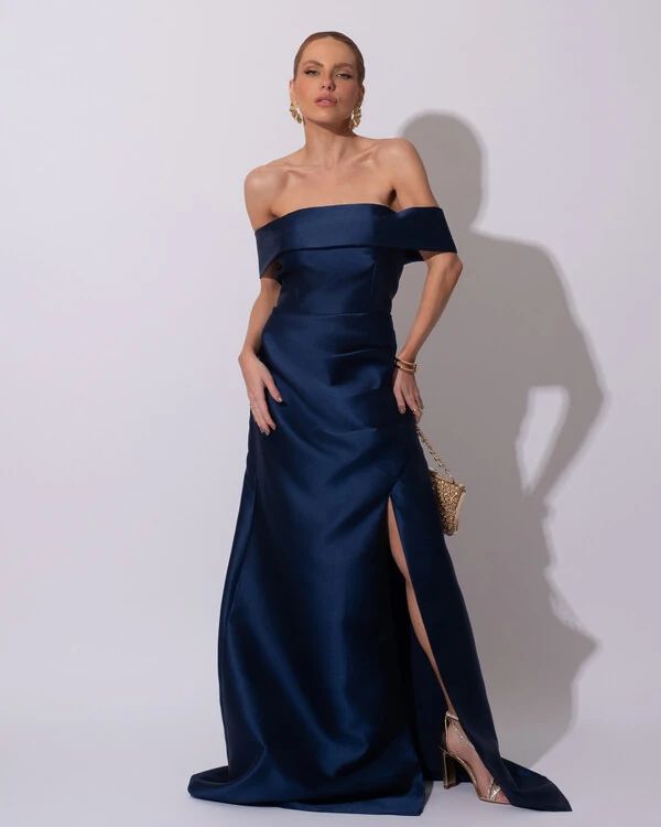 Vestido de Festa Longo Zibeline Ombro a Ombro Drapeado e Fenda Azul Marinho