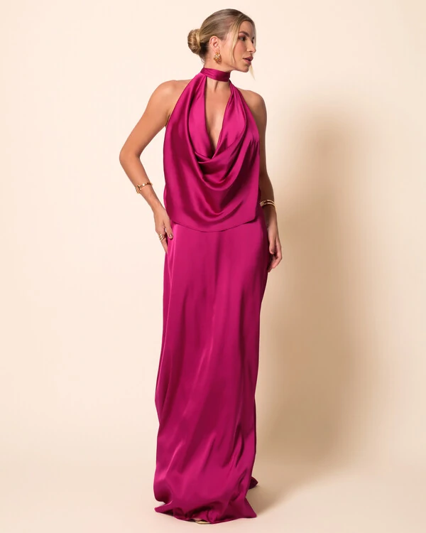 Vestido de Festa Longo Cetim Fluido Frente Única Degagê Mil Formas Beterraba