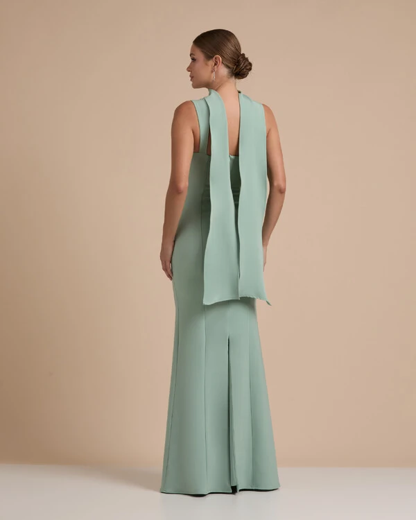 Vestido de Festa Longo Alfaiataria com Lenço e Fenda Verde Menta