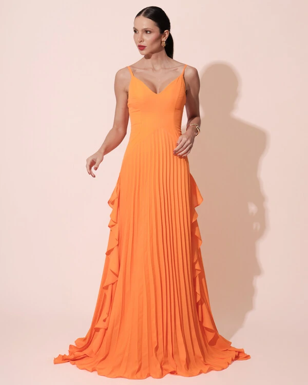 Vestido de Festa Longo Crepe Chiffon Alça Fina Saia Plissada com Babado Cascata Laranja